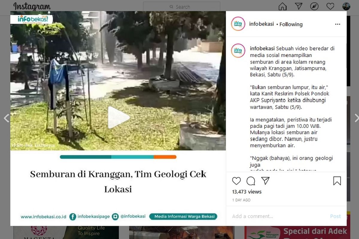 Sebuah video semburan air bercampur lumpur layaknya air mancur di salah satu kolam renang di kawasan Jatirangga, Jatisampurna, Bekasi, Jawa Barat, Sabtu (5/9/2020).