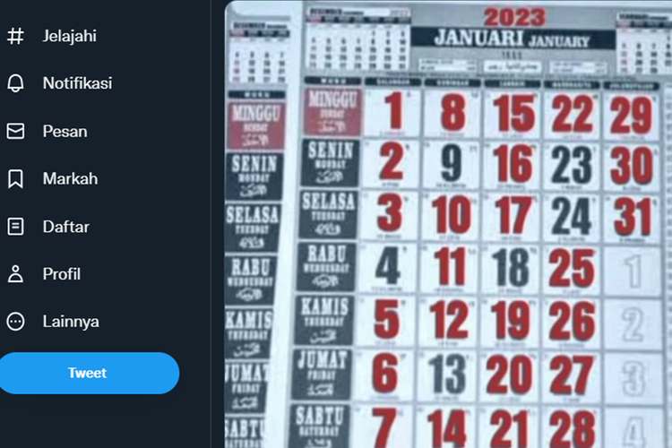 Tangkapan layar twit foto viral kalender Januari 2023 dengan tanggal merah berjumlah 25 hari.