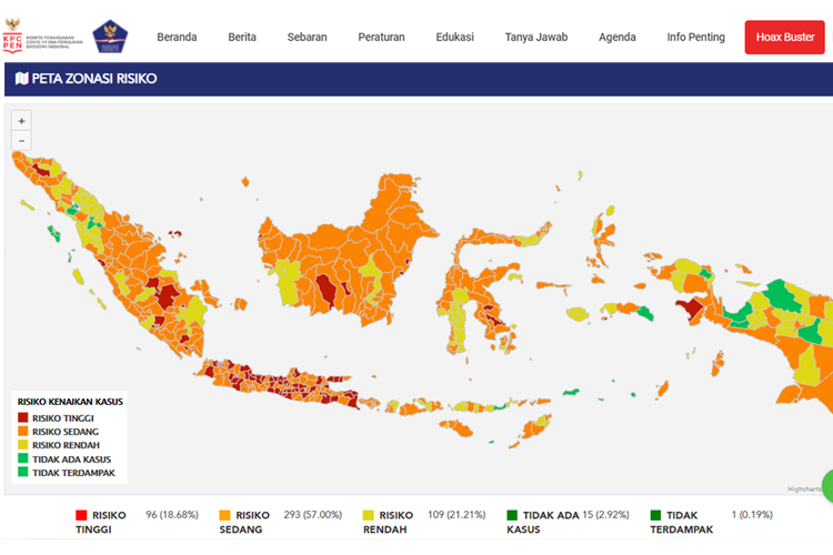 Tangkapan layar laman covid19.go.id yang menampilkan sebaran zona merah hingga hijau penyebaran Covid-19 di Indonesia.