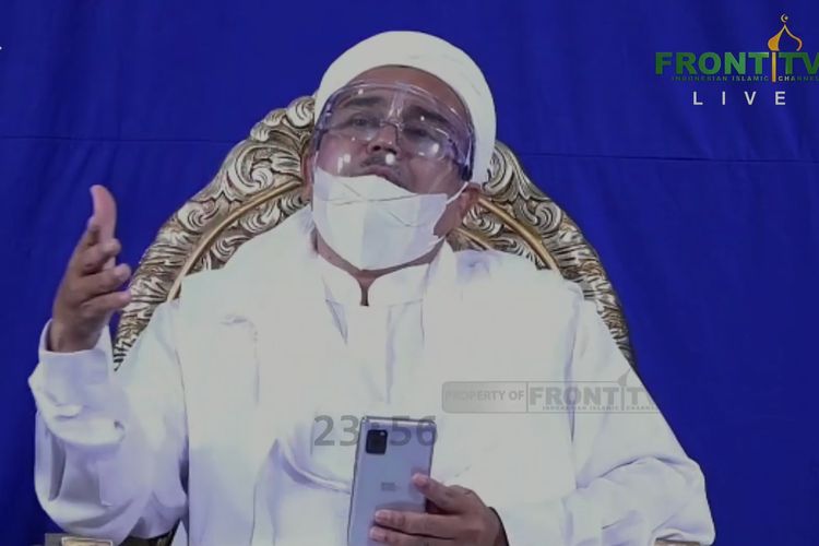 Pimpinan FPI Rizieq Shihab saat menghadiri reuni 212 daring yang disiarkan di Youtube Front TV, Rabu (2/12/2020).