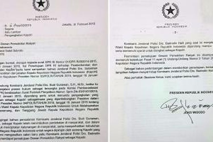 Salinan surat Presiden Joko Widodo kepada DPR RI tentang pencalonan Komjen Badrodin Haiti sebagai Kepala Polri.