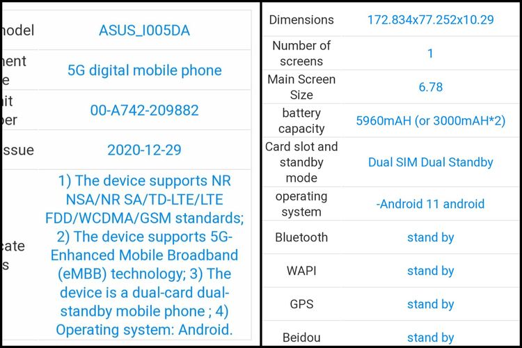 Spesifikasi ponsel yang diduga sebagai Asus ROG Phone 5.