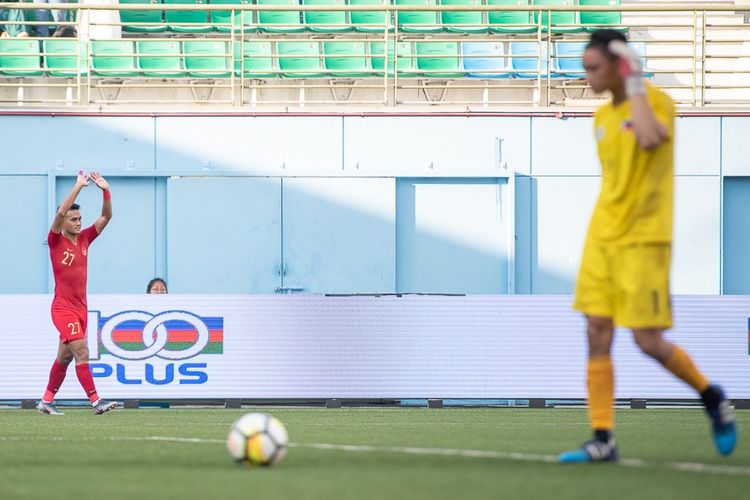 M. Rafli berhasil mencetak tiga gol ke gawang Filipina di perebutan juara ketiga Merlion Cup 2019, di Stadion Jalan Besar, Singapura.