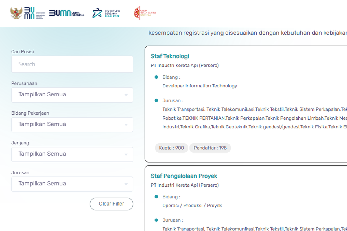 Cara cek kuota di setiap formasi Rekrutmen Bersama BUMN 2022 batch 2