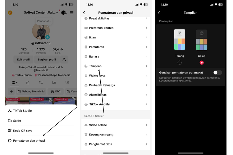 Ilustrasi cara ubah dark mode di TikTok