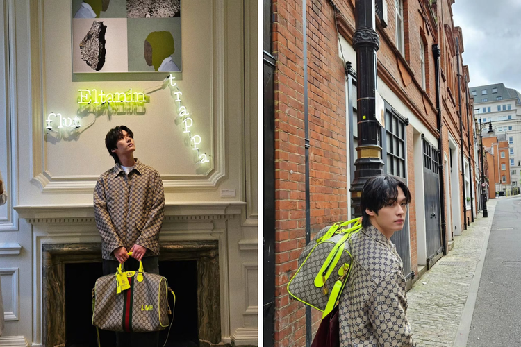 Lee Know, anggota grup K-Pop Stray Kids, ketika menghadiri Gucci Cruise 2025 di Tate Modern, London, Inggris, pada Selasa (13/5/2025). Lee Know didapuk menjadi Global Brand Ambassador Gucci.