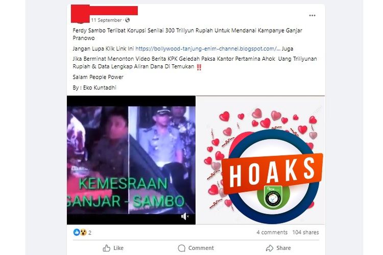 Tangkapan layar Facebook narasi yang menyebut Ferdy Sambo terlibat korupsi Rp 300 triliun untuk mendanai kampanye Ganjar