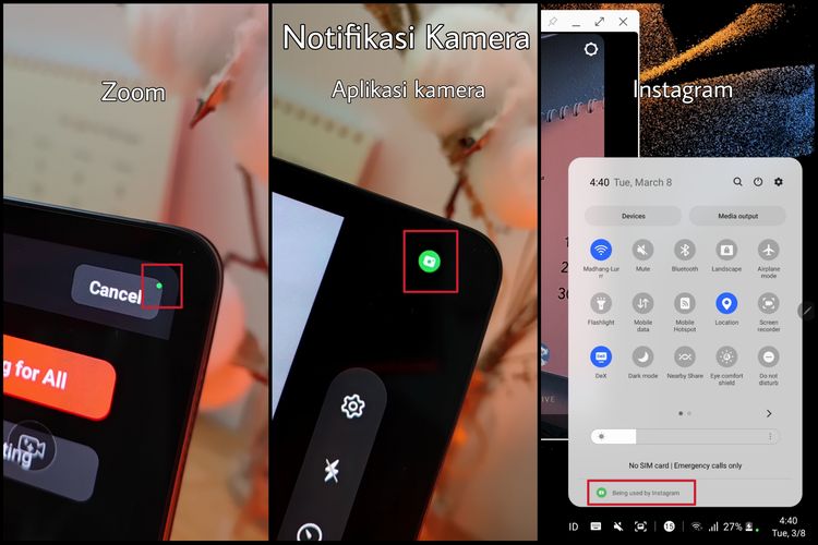 Notifikasi kamera hijau atau titik hijau di Galaxy Ultra menandakan bahwa kamera sedang aktif.