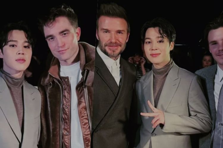 Jimin BTS membagikan foto kala dia bertemu dengan aktor Hollywood Robert Pattionson serta pesepakbola David Beckham dan putranya Cruz.