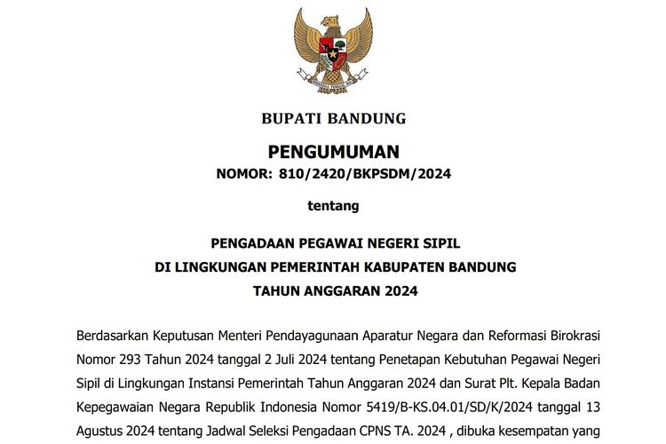 Pengumuman seleksi dan formasi CPNS 2024 di lingkungan Pemerintah Kabupaten Bandung.