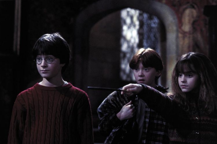 Tiga bintang film Harry Potter, Daniel Radcliffe, Rupert Grint, dan Emma Watson.