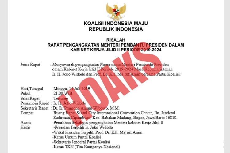 Dokumen daftar menteri yang beredar dipastikan hoaks.