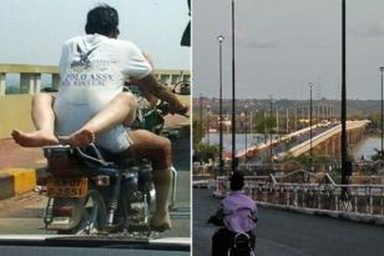 Sepasang kekasih asal Madhya Pradesh, India tertangkap kamera tengah bercinta sambil melaju di jalan raya dengan menunggang sepeda motor (kiri). Insiden itu terjadi di jembatan Mandovi, Goa, India (kanan).