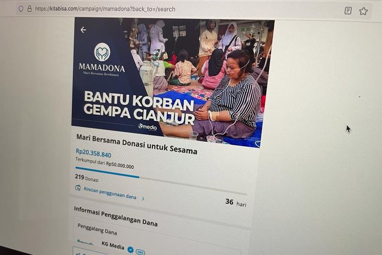 Ilustrasi kanal donasi gempa Cianjur dari KG Media yang tersedia di Kitabisa.