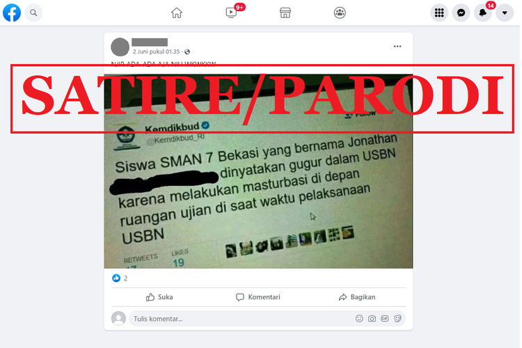 Tangkapan layar konten satir/parodi di sebuah akun Facebook, 2 Juni 2022, berisi tangkapan layar twit akun Twitter Kemendikbud Ristek tentang siswa SMAN 7 Bekasi yang gugur dalam USBN.