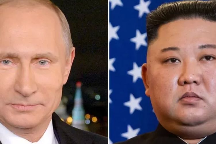 Presiden Rusia Vladimir Putin (kiri) dan Presiden Korea Utara Kim Jong Un (kanan).