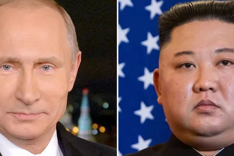 Presiden Rusia Vladimir Putin (kiri) dan Presiden Korea Utara Kim Jong Un (kanan). Korea Utara pada Selasa (4/10/2022) menyuarakan dukungan untuk pencaplokan Rusia atas wilayah Ukraina yang diduduki pasukannya. Korea Utara juga menuduh AS dan sekutunya bertindak seperti gangster dengan memimpin gerakan di PBB terhadap perilaku Moskwa.
