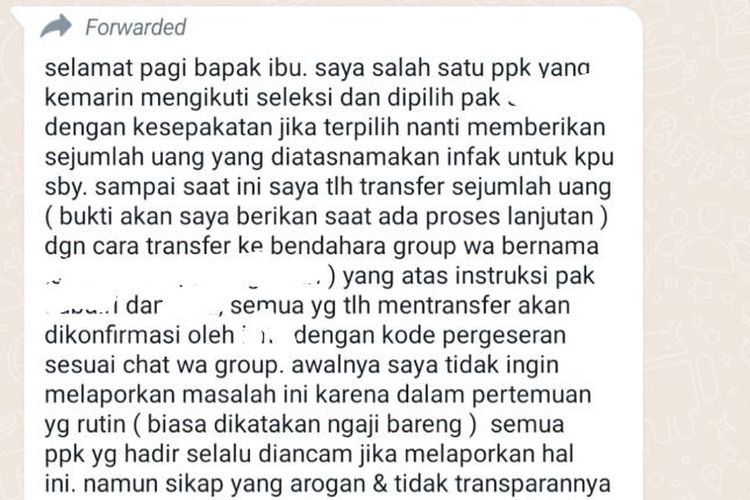 Potongan pesan Whatsapp yang menunjukkan adanya dugaan pungli terhadap PPK di KPU Surabaya