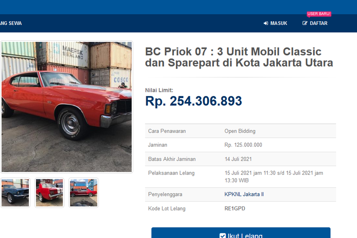 Mobil klasik yang dilelang oleh Bea Cukai di lelang.go.id (tangkapan layar lelang.go.id)