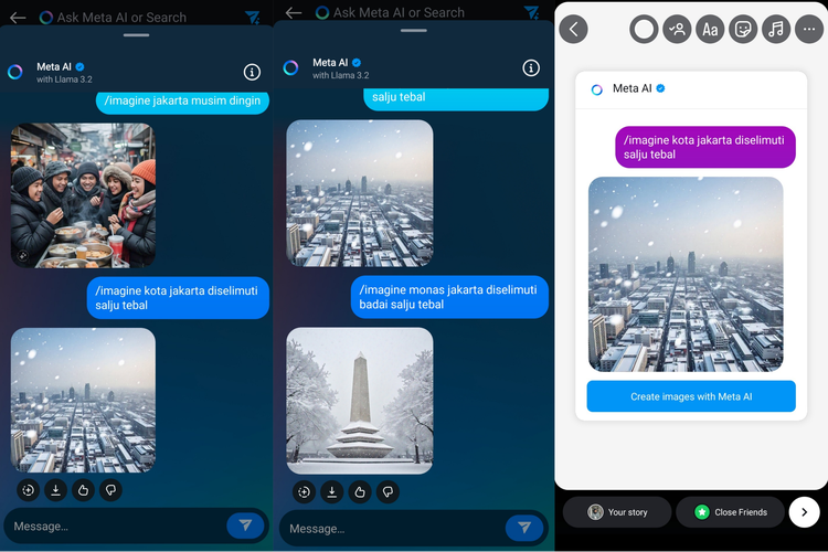 Ilustrasi cara menggunakan Meta AI di Instagram. Hasilnya bisa dibagikan ke Instagram Stories.