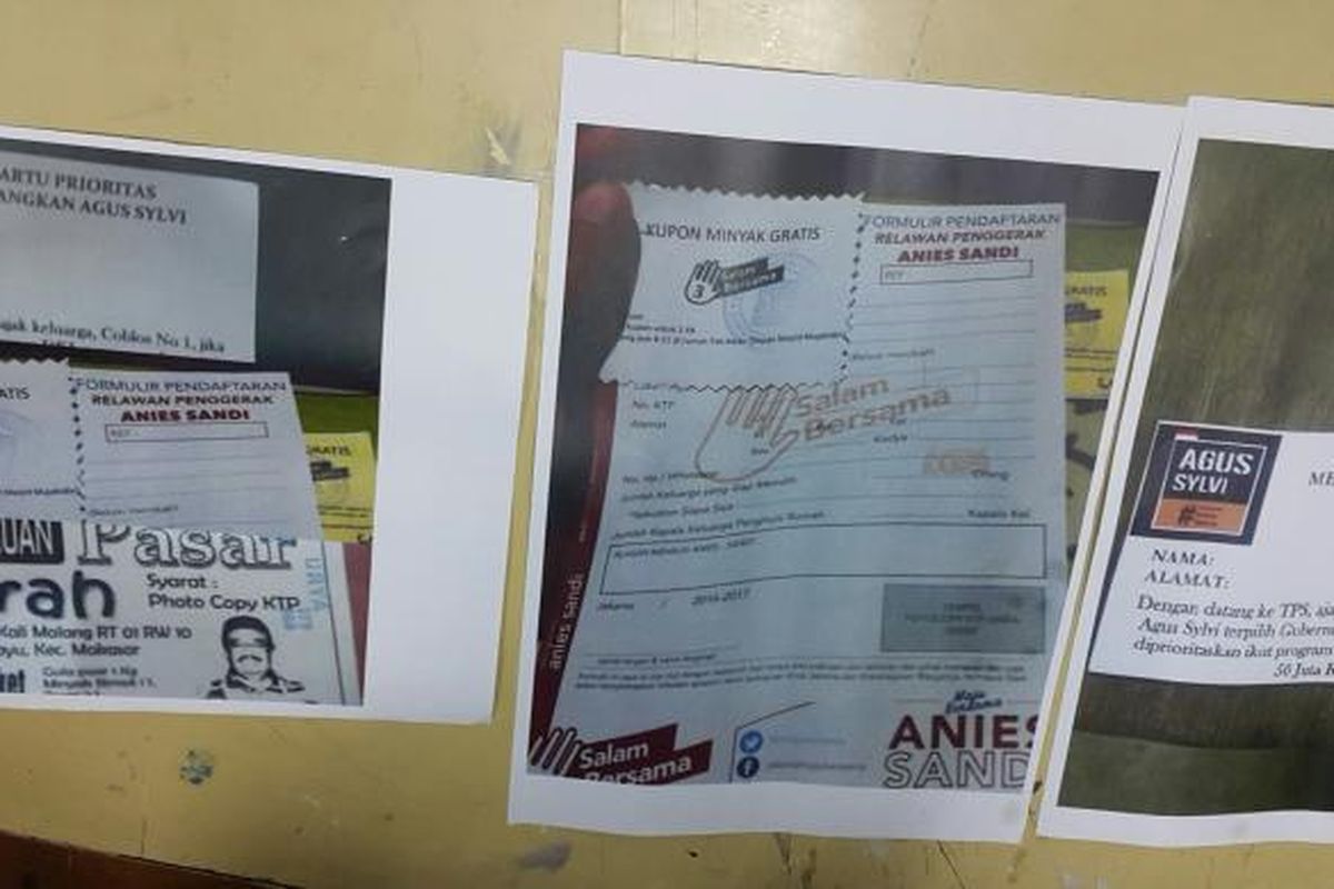 Hasil print out dokumen digital dugaan politik uang tiga pasangan cagub-cawagub DKI Jakarta yang dilaporkan Jaringan Pendidikan Pemilih untuk Rakyat (JPPR) ke Bawaslu DKI Jakarta, Senin (13/2/2017).
