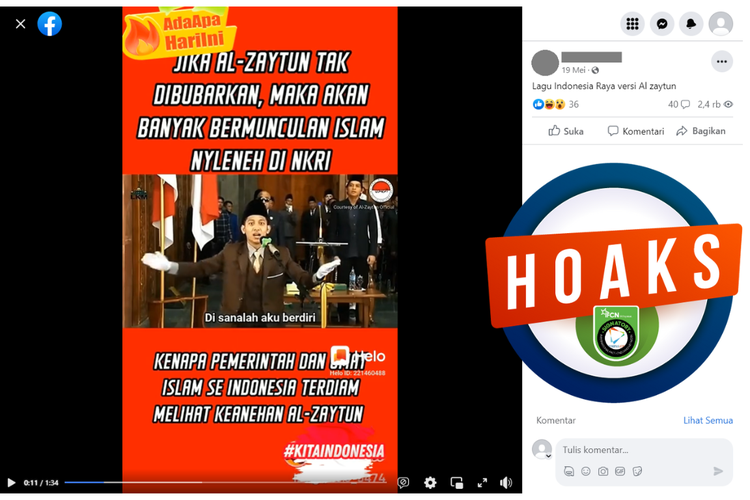 Tangkapan layar unggahan dengan narasi hoaks di sebuah akun Facebook, 19 Mei 2023, soal video lagu Indonesia Raya versi Al Zaytun.