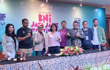 Pihak promotor dan sponsor Jakarta Internasional BNI Java Jazz Festival (BNIJJF2022) dalam konferensi pers yang digelar di kawasan Sawah Besar, Jakarta Pusat, Rabu (25/5/2022). Perhelatan musik Java Jazz&nbsp;Festival akan kembali digelar pada 27-29 Mei 2022.