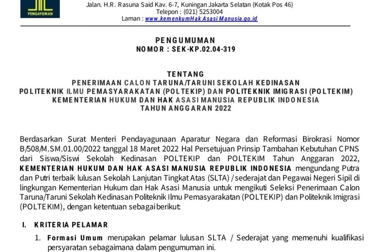 Pendaftaran 2 sekolah kedinasan Kemenkumham 2022