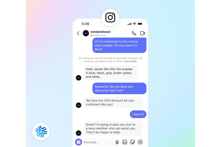 Meta Business Agent mampu menjawab pertanyaan pelanggan, termasuk soal ketersediaan warna barang hingga promo/diskon.