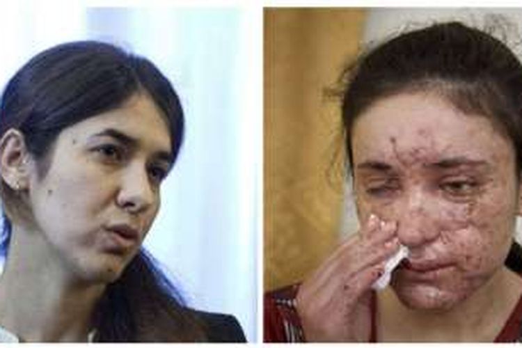 Nadia Murad Basee (kiri) dan Lamiya Aji Bashar (kanan) memperoleh penghargaan Shakarov dari Parlemen Eropa untuk kebebasan berpikir dan mengemukakan pendapat, 27 Oktober 2016.