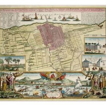 Peta Kota Batavia yang diterbitkan oleh Homannischen Erben pada 1733 ini menampilkan Kota Batavia dengan tembok kota dan pertahanan bentengnya, juga ilustrasi tentang warganya.