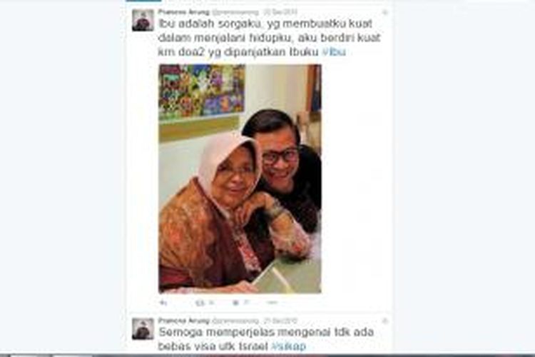 Sekretaris Kabinet Pramono Anung memperlihatkan foto bersama ibunda, Sumarni Prajitno, di akun Twitter.