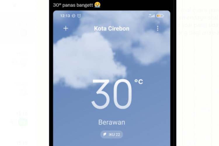 Tangkapan layar suhu panas di Kota Cirebon hari ini, Kamis (9/12/2021).