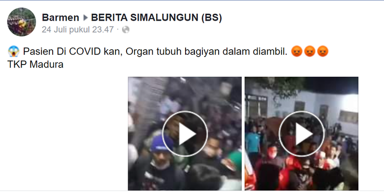 Tangkapan layar unggahan Facebook soal adanya jenazah pasien yang dicovidkan dan organnya diambil