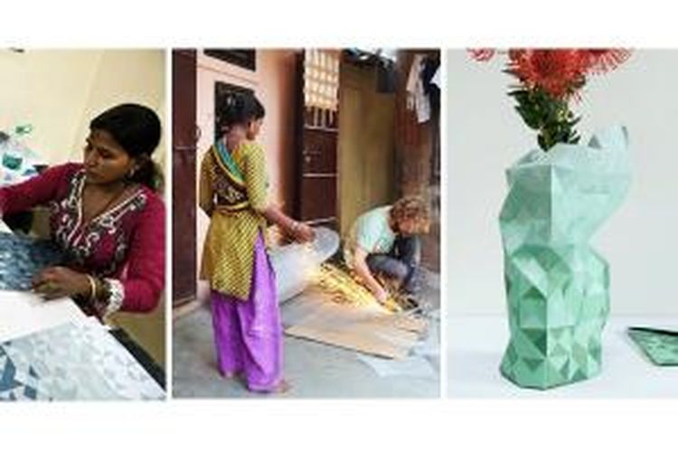 Para pekerja di lingkungan kumuh Mumbai, India, bekerja bersama desainer produk asal Belanda Pepe Heykoop membuat produk Paper Vase.