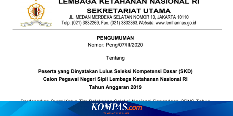 Pengumuman Hasil Skd Cpns Lemhannas Ri 105 Peserta Lulus