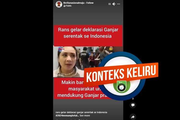 Tangkapan layar Facebook narasi yang menyebut RANS menggelar acara deklrasi dukungan Ganjar Pranowo sebagai capres