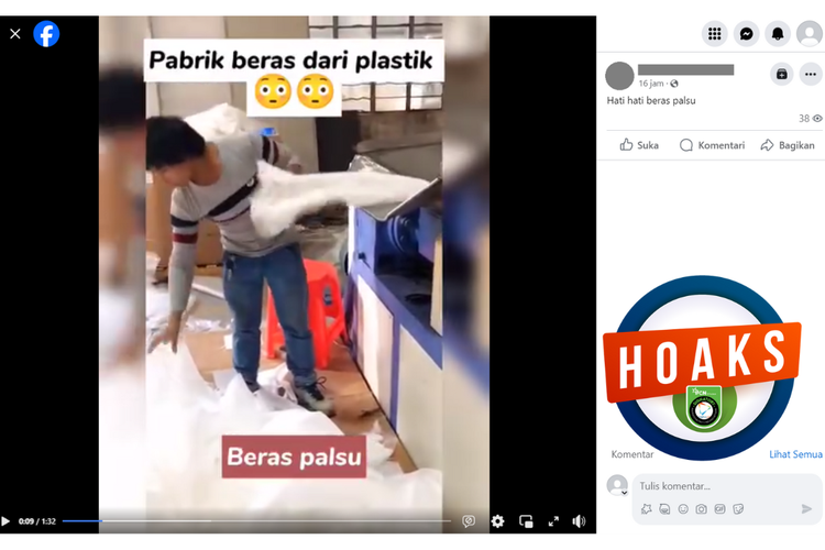 Tangkapan layar unggahan dengan narasi hoaks di sebuah akun Facebook, Minggu (8/10/2023), berisi video pabrik beras palsu.