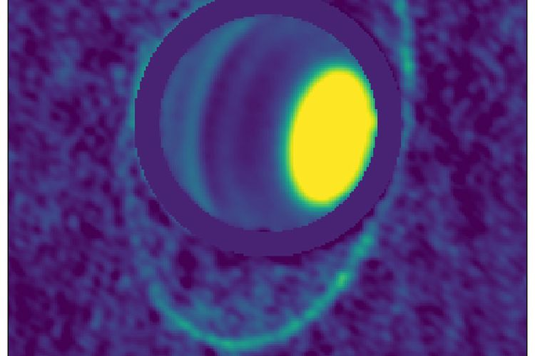 Gambar atmosfer dan cincin Uranus yang ditangkap oleh ALMA, yang menunjukkan emisi panas pada cincin Uranus