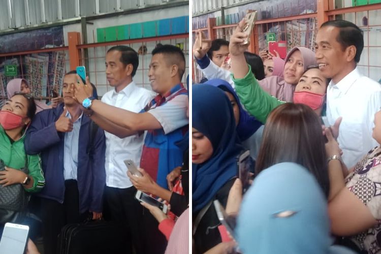 Penumpang KRL Commuterline jurusan Bogor berebut selfie dengan Presiden Joko Widodo, Rabu (6/3/2019) sore.