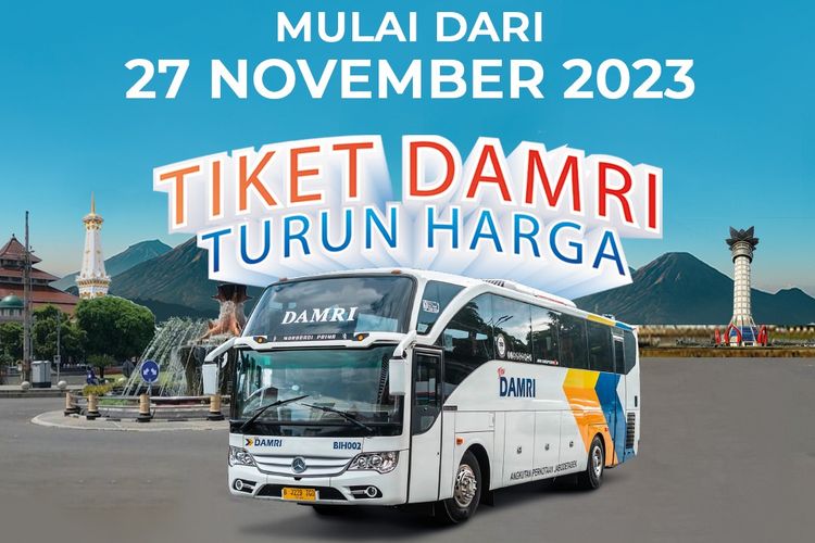 Tarif tiket bus DAMRI turun harga mulai 27 November 2023.