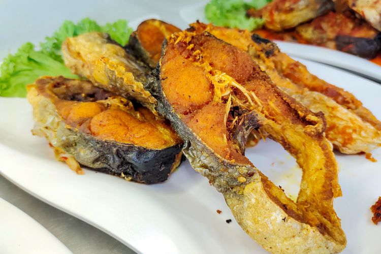 Ilustrasi ikan patin goreng. Ikan patin adalah salah satu ikan dengan duri sedikit.