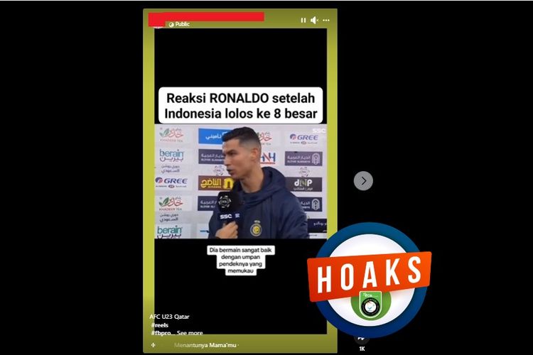 Tangkapan layar Facebook narasi yang menyebut Ronaldo memberikan pujian kepada timnas Indonesia