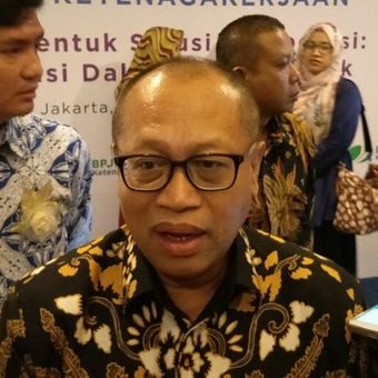 Direktur Utama BPJS Ketenagakerjaan Agus Susanto saat acara seminar BPJS Ketenagakerjaan di Hotel Borobudur, Jakarta, Kamis (23/11/2017).