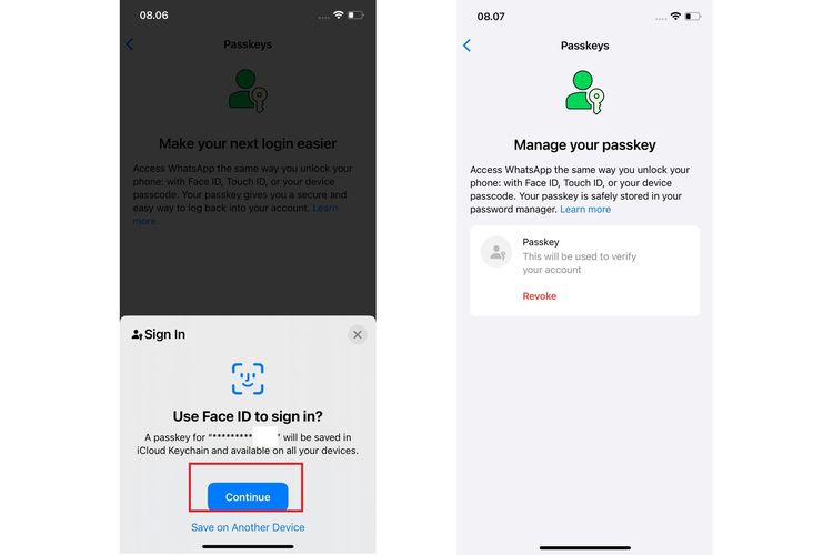 Ilustrasi cara mengaktifkan passkey di WhatsApp iPhone.