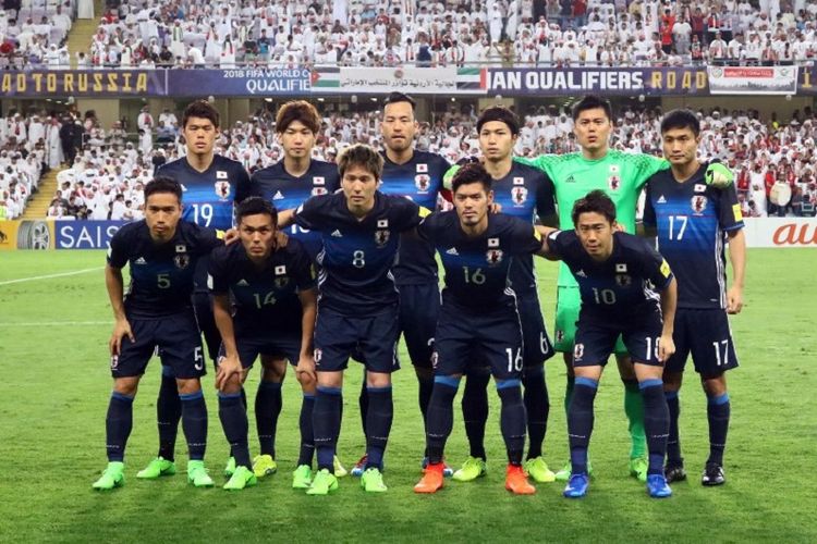Skuat timnas Jepang saat beruji coba dengan Uni Emirat Arab, 23 Maret 2018. 