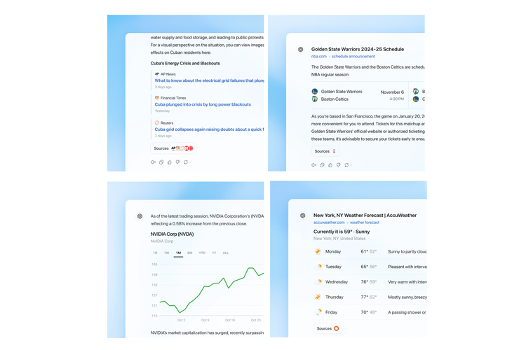 Contoh hasil penelusuran cuaca, peristiwa, hasil olahraga, dan saham di SearchGPT.