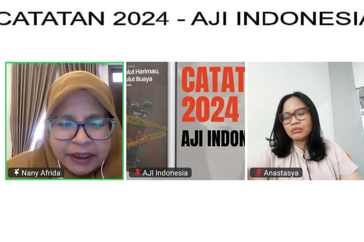 Tangkapan layar dari konferensi pers daring yang menunjukkan Ketua Umum Aliansi Jurnalis Independen (AJI) Indonesia Nany Afrida (paling kiri) memberikan keterangan mengenai catatan tahunan kekerasan terhadap jurnalis sepanjang 2024, Kamis (30/1/2025).