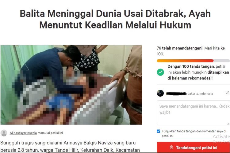 Tangkapan layar petisi mengenai balita yang meninggal dunia karena ditabrak bocah SMP.