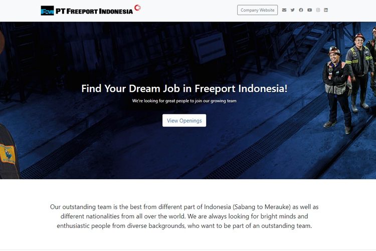 Tangkapan layar informasi perihal lowongan pekerjaan di PT Freeport Indonesia Juni 2022.